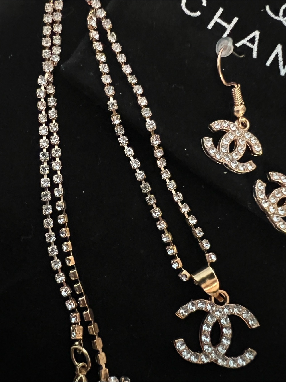 CHANEL Gold and Clear Crystal CC Pendant Necklace with Dangle Earrings - Picture 7 of 12